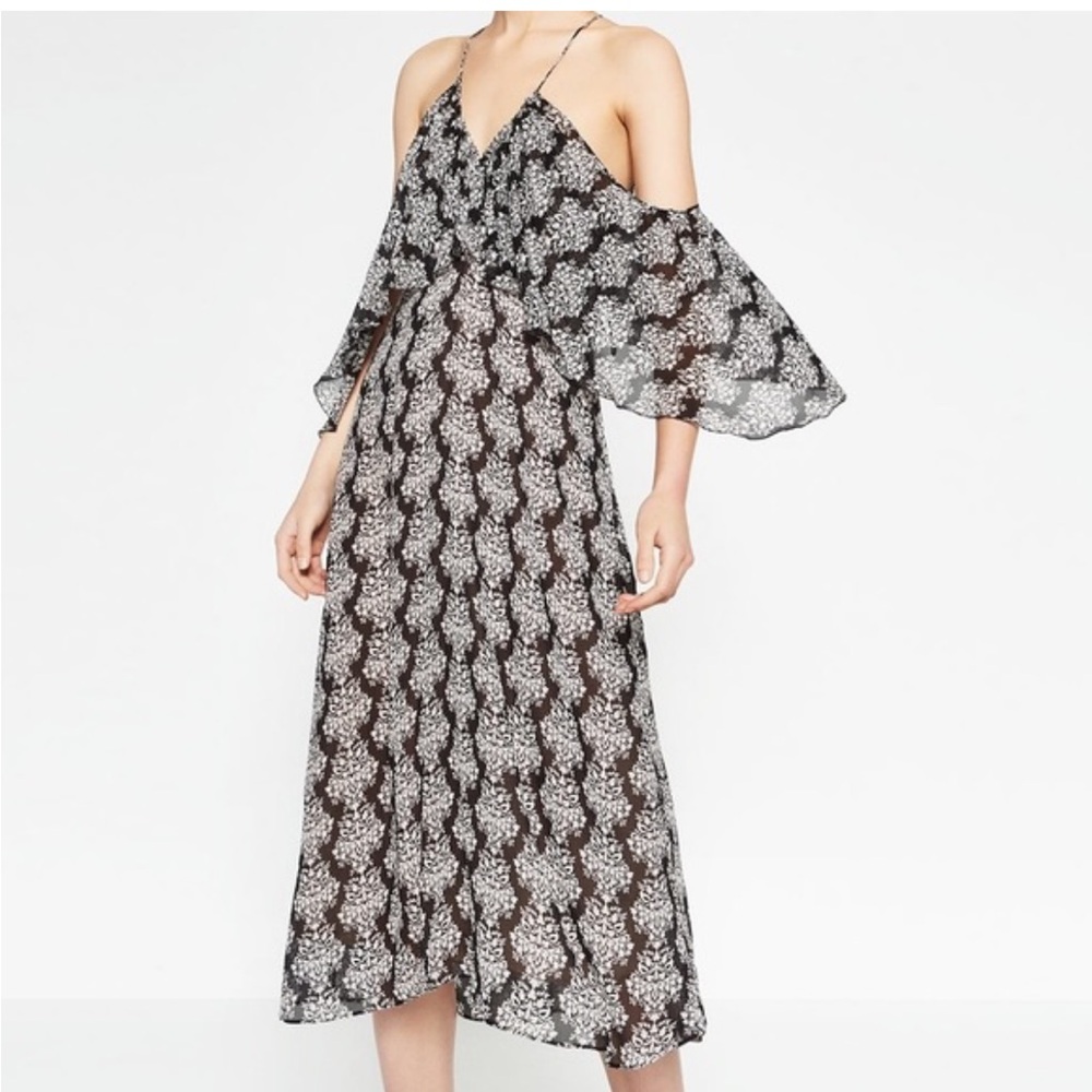 Zara Black and White Midi Chiffon Dress Tie Back Fully Lined Boho Chic Size S